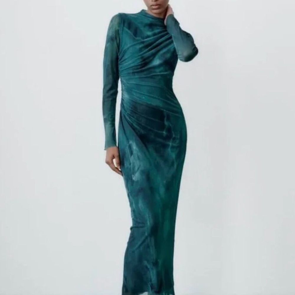 Zara Print Dress Teal Ruched Tulle Long Line High Neckline Size Large L Mesh